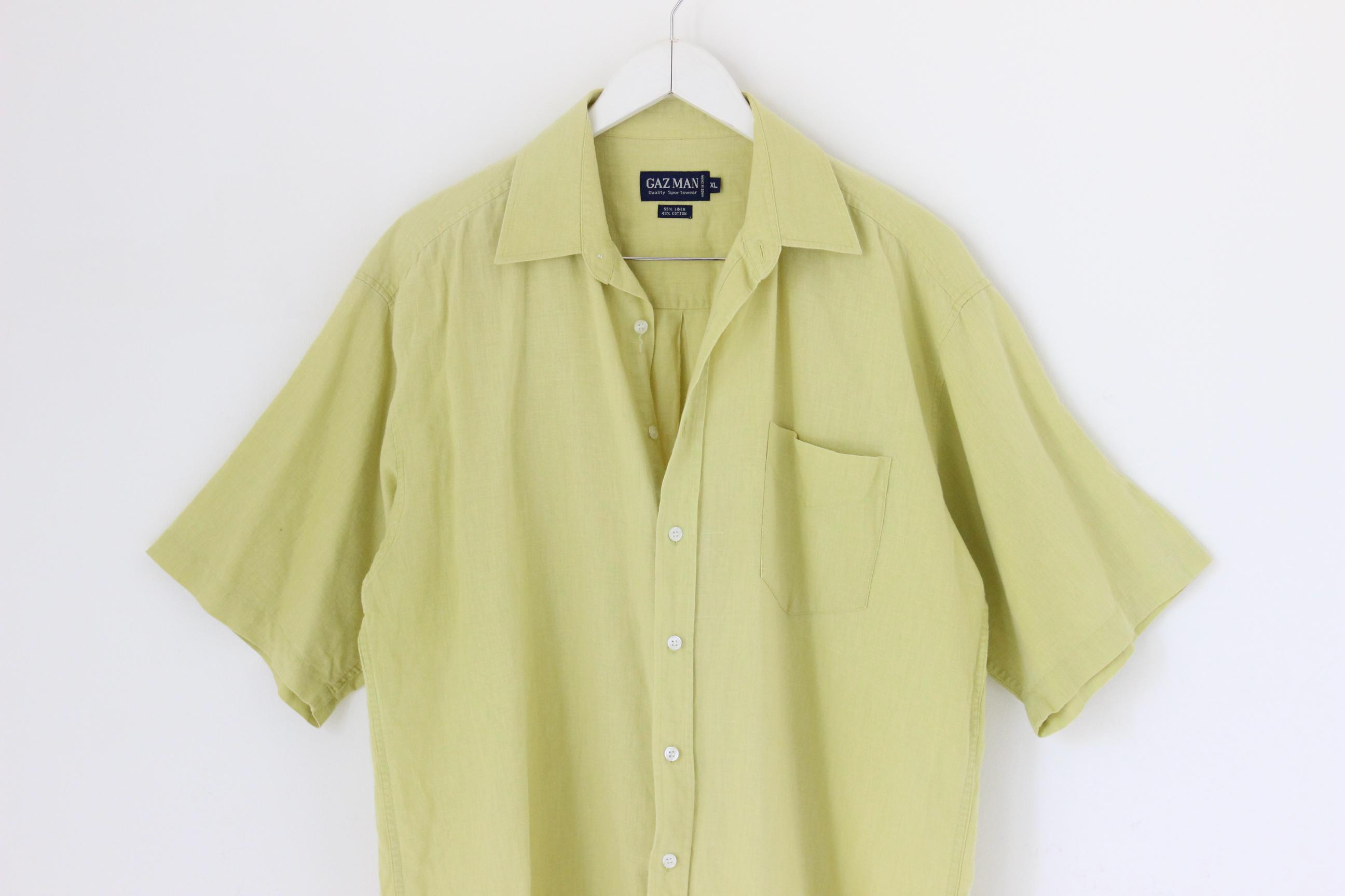 Quality 90s Chartreuse Linen Boxy Minimal Short Sleeve Button up ...