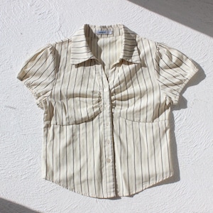 Y2K Business Casual / Playful Corporate Button Front Pinstripe Puff Sleeve Top / Cropped Collared Shirt