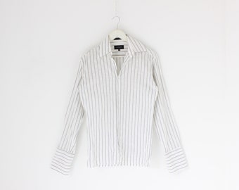 Y2K Striped White Cotton Fitted French Cuff Button Up Vintage Mens Business Casual Shirt / Unisex