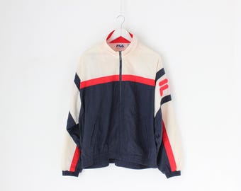 90s FILA Red, White & Blue Nylon Athletic Parachute Slouchy Sportswear Windbreaker Jacket - Unisex