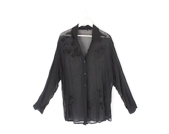 90er Jahre Schiere Schwarze Indische Rayon Gaz Entspannte Langarm Shirt mit Samt Blume Detaillierung