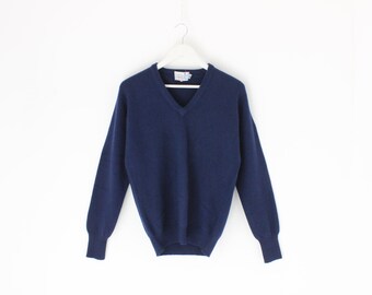 80s PURE NEW WOOL Navy Blue Stretch Knit V Neck Minimal Womens Sweater