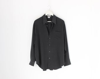 80s PURE SILK Matte Black Fuji Weave Minimal Long Sleeve Button Up Collared Vintage Mens Shirt / Unisex