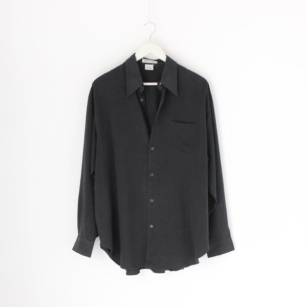 Camicia da uomo vintage PURA SETA anni '80 blu opaco nero Fuji Weave minimal a maniche lunghe con colletto abbottonato / unisex