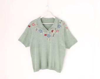 80s Knit Collared Shirt / Sweater Top w. Flower Embroidered Collar. Big BODE & Gucci Energy