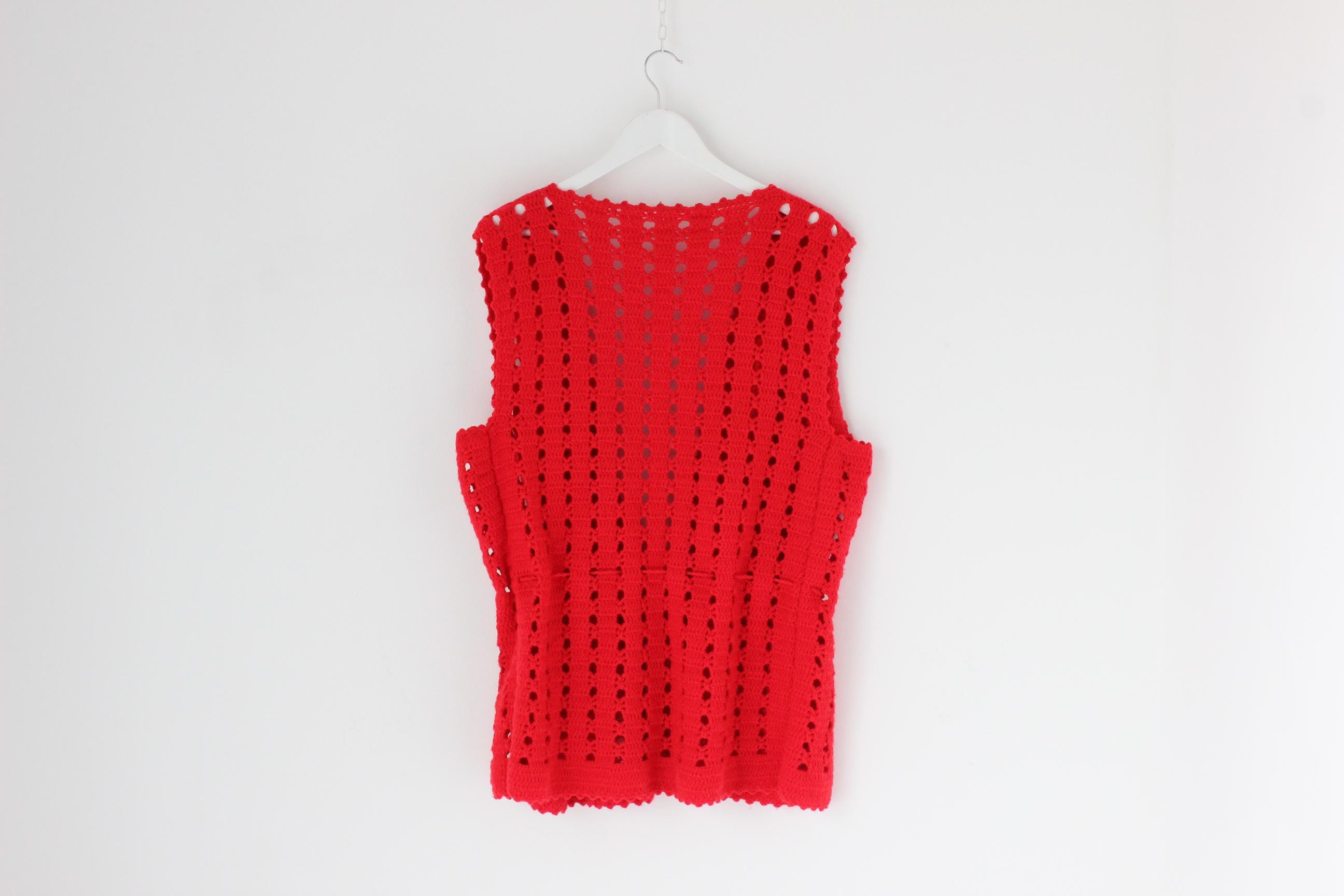 70s Hand Made Red Crochet Knit Sweater Vest W/ Cinch Tie at