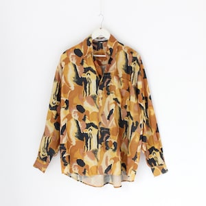 80er Jahre REINE SEIDE Abstrakter Druck Matt Fuji Weave Minimal Long Sleeve Button Up Kragen Vintage Herren Hemd / Unisex