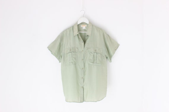80s PURE SILK Sage Green Boxy Short Sleeved + But… - image 1
