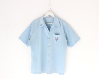 70s Sky Blue Groovy Short Sleeve & Boxy Open Collared Vintage Shirt