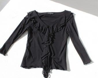 90-tals mesh-topp med djup urringning och volang, sexig svart