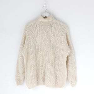 80s Pure New Wool &quot;Lauren Essentials&quot; Chunky Cream Cable Knit Vintage Turtleneck Sweater