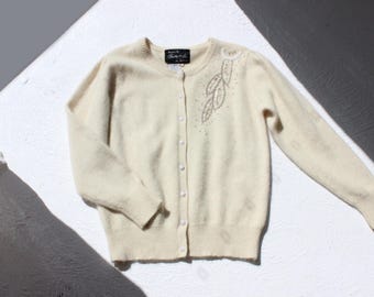 Pull cardigan vintage crème en tricot angora et laine d'agneau des années 80