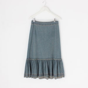 90s Funky Denim High Waist Vintage Midi Skirt w/ Ruffle