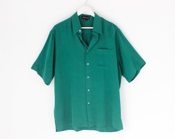 80s PURE SILK Deep Green Boxy Short Sleeved + Button Up Slouchy Minimal Mens / Unisex Shirt - Unworn Vintage Stock