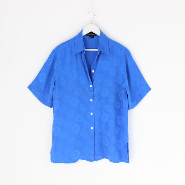80s PURE SILK Cobalt Blue Medusa & Sun Embossed Boxy Short Sleeved + Button Up Mens / Unisex Shirt - Unworn Vintage Stock