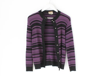 70s Pure New Wool Striped Minimal Purple Black Ribbed Knit Slim