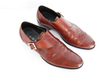 90s Chestnut Brown Mens Vintage Leather Wingtip Almond Toe Chelsea Buckle Brogues / Dress Suit Formal Shoes