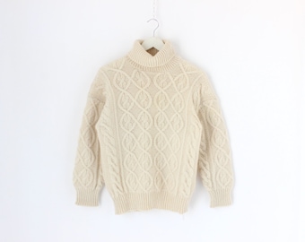 80s Xcepsion Chunky Cable Knit Cream Vintage Grunge Knit Turtleneck Sweater