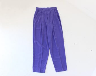 80s Royal Purple Microfibre Silk-Feel High Waist Relaxed Tapered Trousers