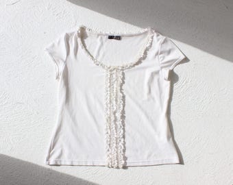 Y2K Slinky Scoop Neck Cap Sleeve Fairy Tee w/ Lace Ruffles