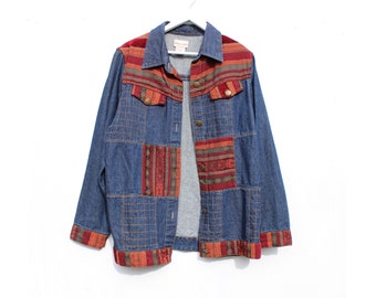 Vintage 90s Woven Patchwork Panels Denim Long Line Hippie Jacket / Coat Mens / Unisex