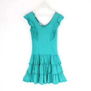 80s Vintage Cue Teal Drop Waist Tiered Ruffle Cap Sleeve Mini Dress