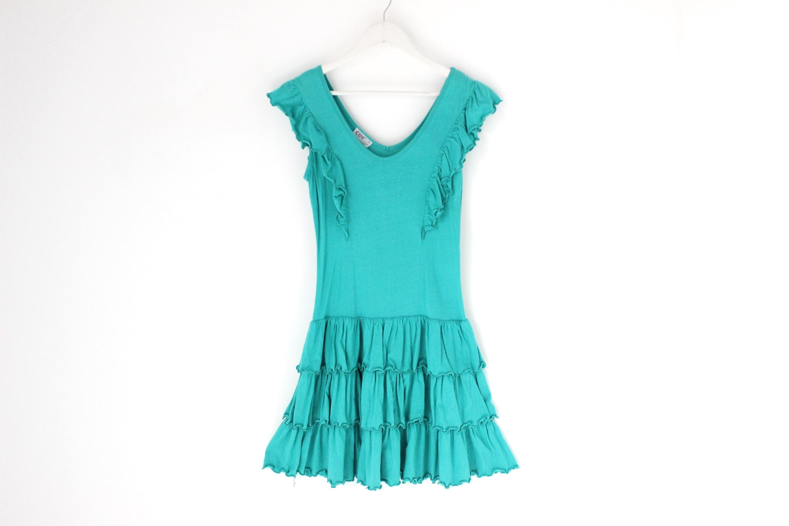 80s Vintage Cue Teal Drop Waist Tiered Ruffle Cap Sleeve Mini Dress 80s Vintage Cue Teal Drop Waist Tiered Ruffle Cap Sleeve Mini Dress