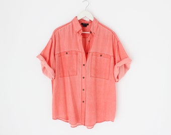 80s PURE SILK Acid Wash Salmon Boxy Short Sleeved + Button Up Slouchy Vintage Minimal Mens Shirt