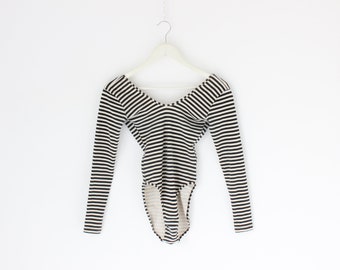 2000s American Apparel Striped Stretch Cotton Lycra Scoop Neck Bodysuit Leotard