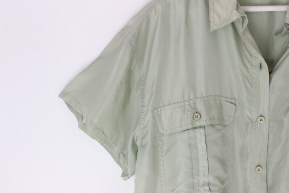 80s PURE SILK Sage Green Boxy Short Sleeved + But… - image 4