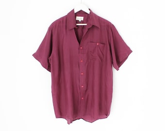 80s PURE SILK Deep Purple Boxy Short Sleeved + Button Up Slouchy Vintage Minimal Mens Shirt