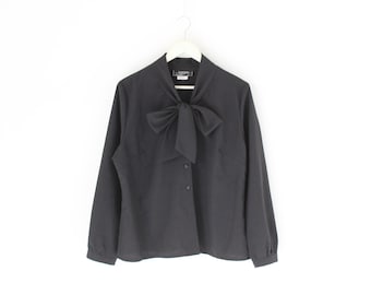 80s Black Ascot Bow Tie / Pussybow Collar Button Up Blouse
