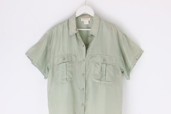 80s PURE SILK Sage Green Boxy Short Sleeved + But… - image 2