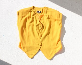 Australian Made 80s Sunflower Yellow Crepe Wavy Button Up Waistcoat Vest Top