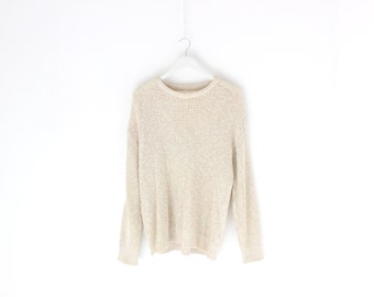 90s Cream Woven Cotton Knit Minimal Staple Slouchy Vintage Unisex Sweater