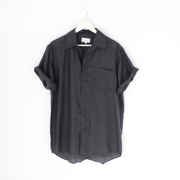 80s Ink Black PURE SILK Boxy Short Sleeve + Button Up Slouchy Vintage Minimal Mens Shirt