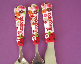 Ladybird toddler cutlery, ladybug baby shower, Ladybug spoon and fork, Unique Gift Polymer clay spoon, ladybug gift for her velwoo