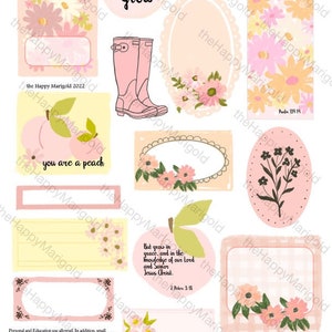 May include: A set of printable digital stickers featuring peach and floral designs. The stickers include quotes like "You are a peach" and "Grow in grace".