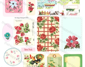 May include: A collection of vintage-style digital graphics featuring floral and farm-themed designs. Includes tags, labels, and patterned papers with roses, daisies, and a rooster. The color palette includes pink, red, green, and yellow.