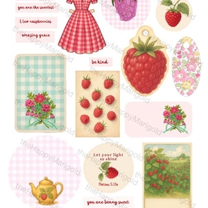 May include: A collage of digital illustrations featuring raspberries, a gingham dress, a teapot, and floral elements. Text includes phrases like "fresh jam & scones" and "Let your light so shine."
