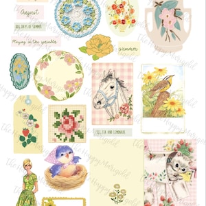 以下が含まれることがあります： August Mini Tin Kitのステッカーコレクション。かぎ針編みのドイリー、花かご、ピンクの花瓶、馬、鳥、郵便受けに入った子猫、緑のドレスを着た人物、そして「Here Comes The Sun」などのテキストラベルが描かれたイラストシート。