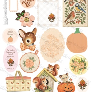May include: A digital sheet of Autumn Tag Ring Kit graphics featuring illustrations of birds, a fawn with a checkered bow, a squirrel in a birdhouse, a kitten in a pumpkin, a picnic basket, flowers, and text including Autumn Days and Psalm 111.14.