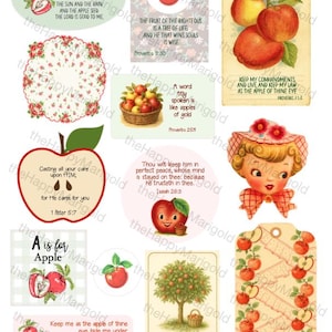 May include: A collection of vintage-style apple-themed graphics. Includes illustrations of apples, apple trees, and text from Bible verses. The designs feature red, green, and yellow apples with floral and rustic elements.