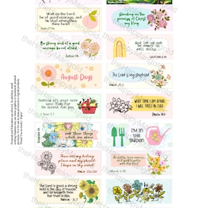 May include: A collection of 12 colorful printable cards with inspirational quotes and bible verses. Each card features a different floral design and a verse from the Bible. The cards are perfect for adding a touch of faith and inspiration to your home or office.