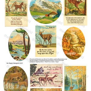 Op de afbeelding: Een verzameling kunstprints in vintage-stijl met pastorale scènes met herten, paarden en landschappen. Elke print bevat inspirerende tekst uit de Bijbel. Het kleurenpalet omvat bruin, groen en blauw.