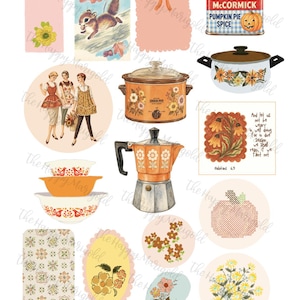 May include: A digital collage sheet titled Retro Autumn Fun Kit featuring vintage-style illustrations of a squirrel, McCormick pumpkin pie spice, a crock-pot, a coffee percolator, mixing bowls, floral patterns, and three people in retro clothing.