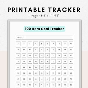100 Item Goal Tracker Printable PDF // 100 Day Challenge, 100 Habit Challenge, 100 Book Challenge, Hundred Day Project