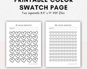 Hoja de muestras de 100 colores imprimible en PDF // Página para colorear, muestras para colorear, página de muestras de marcadores, hoja de muestras de corazones