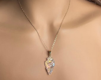 Angel Aura Quartz Arrowhead Necklace Gold, Unique Iridescent Crystal Jewelry Boho, Gift For Her, M7-93
