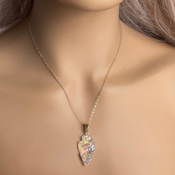 Angel Aura Quartz Arrowhead Necklace Gold, Unique Iridescent Crystal Jewelry Boho, Gift For Her, M7-93